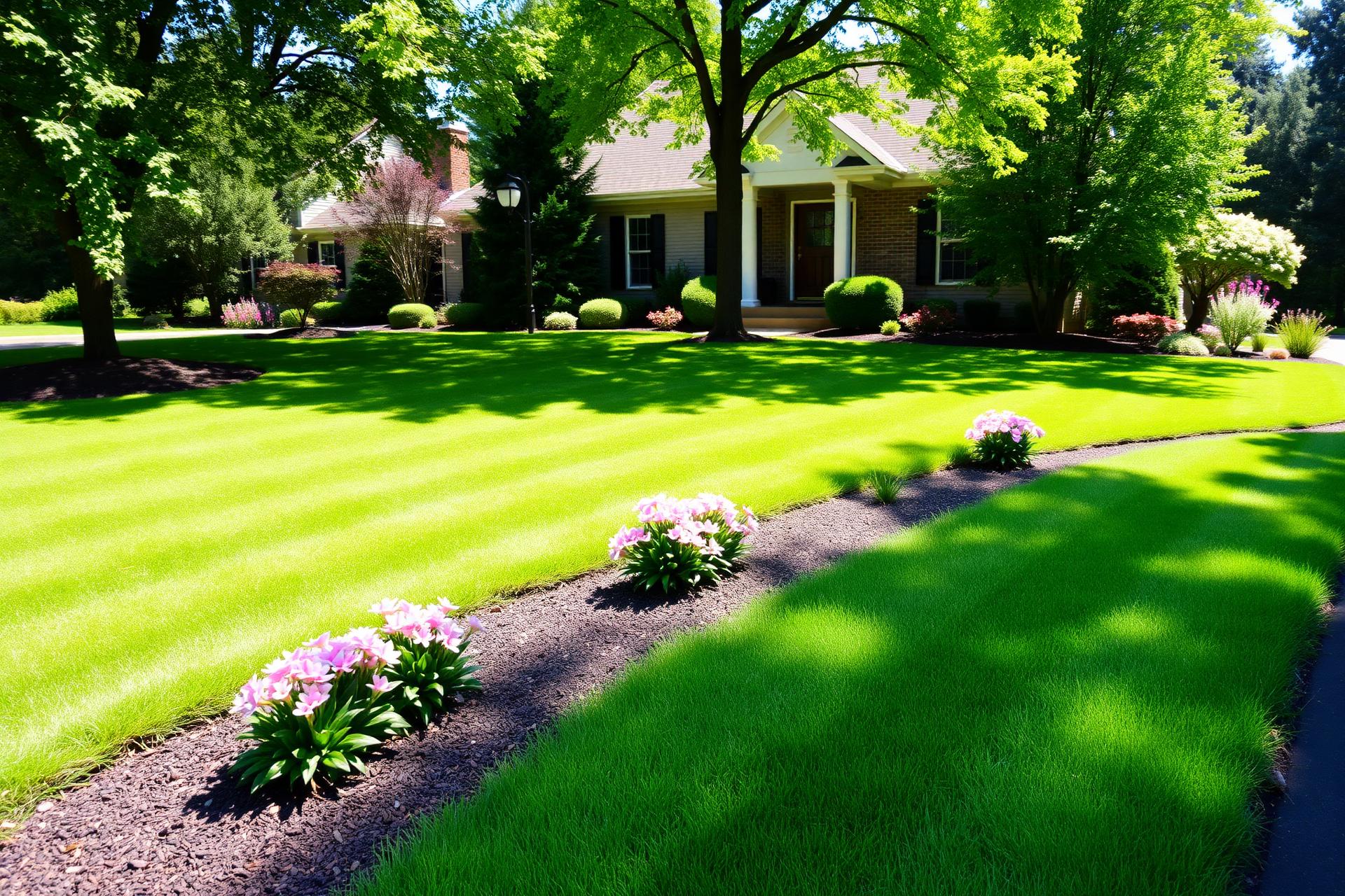 Beautifully landscaped Michigan front yard with striped lawn and mulched flower beds